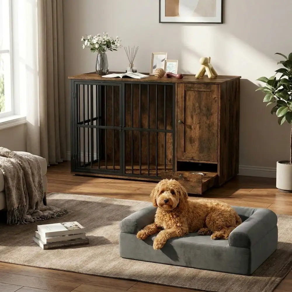 Dog Crate Furniture & Cooling Gel Dog Bed for Small and Medium Dogs - Brown - Dog Kennels