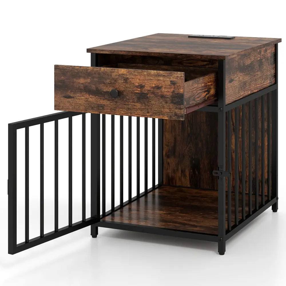 Dog Crate Furniture for Small Dogs Wooden Puppy Kennel with Charging Station-Rustic Brown - Rustic Brown - Dog Kennels