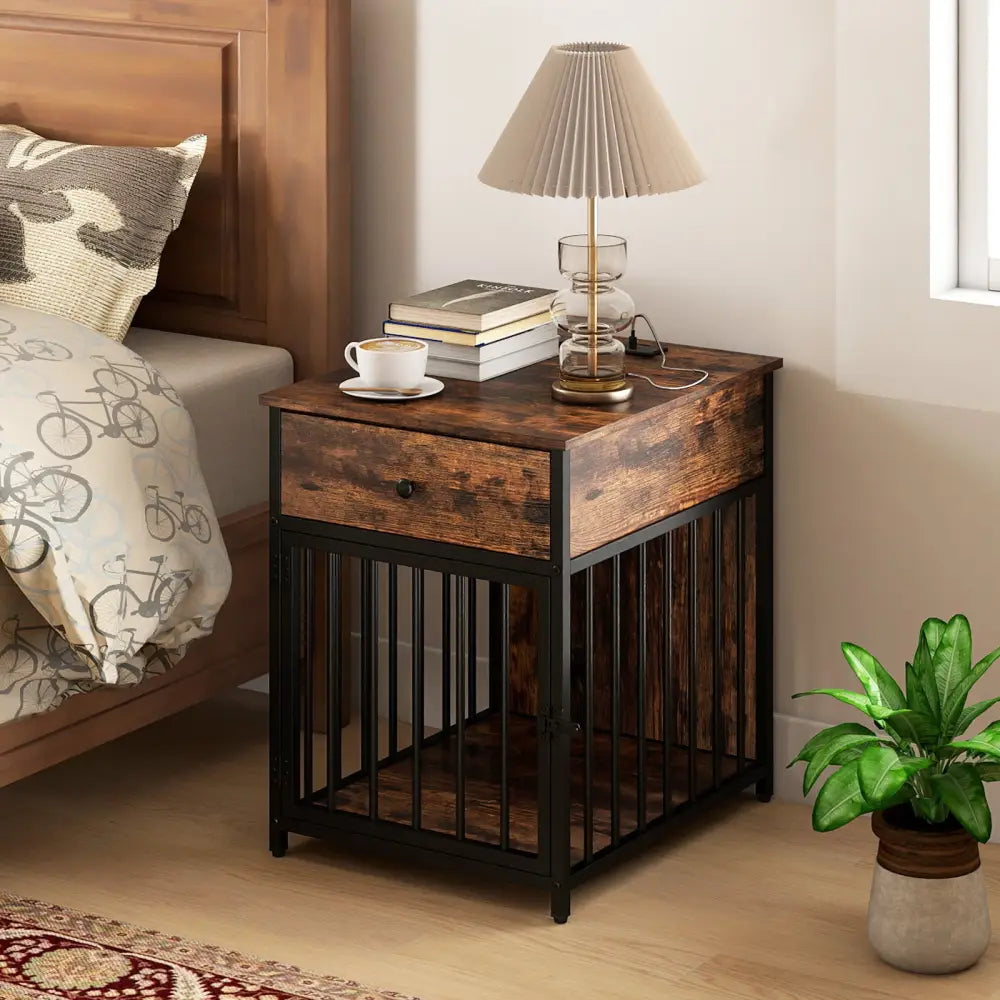 Dog Crate Furniture for Small Dogs Wooden Puppy Kennel with Charging Station-Rustic Brown - Rustic Brown - Dog Kennels