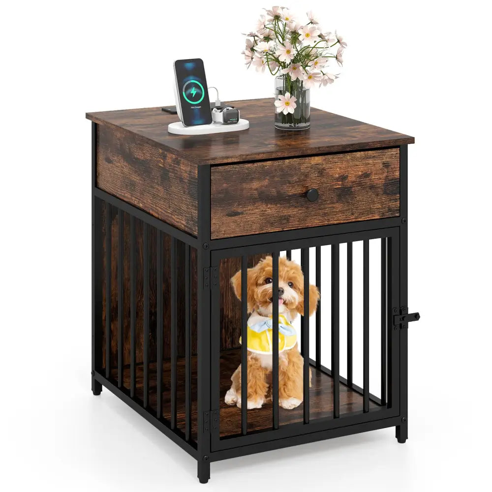 Dog Crate Furniture for Small Dogs Wooden Puppy Kennel with Charging Station-Rustic Brown - Rustic Brown - Dog Kennels