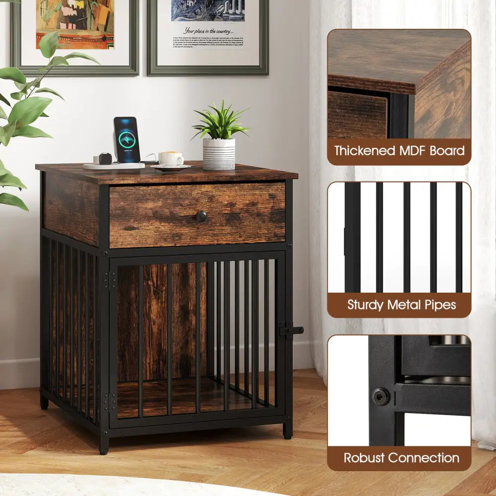 Dog Crate Furniture for Small Dogs Wooden Puppy Kennel with Charging Station-Rustic Brown - Rustic Brown - Dog Kennels