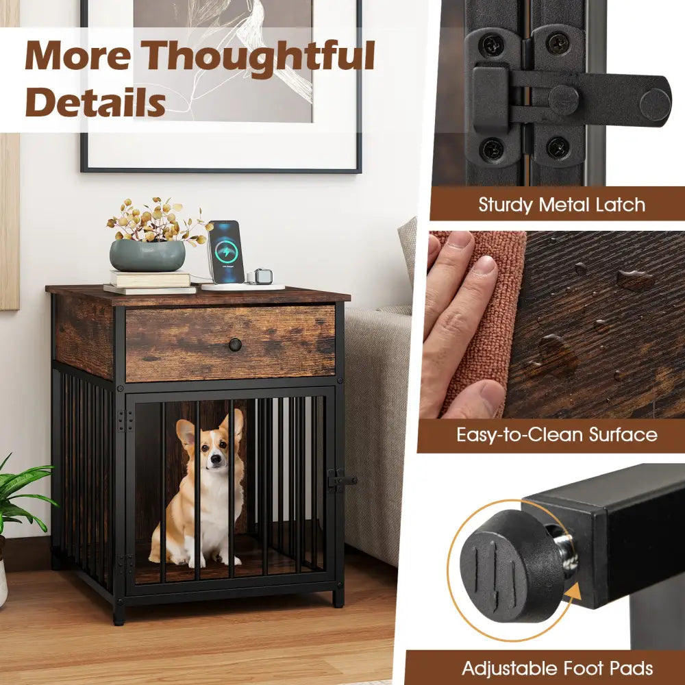 Dog Crate Furniture for Small Dogs Wooden Puppy Kennel with Charging Station-Rustic Brown - Rustic Brown - Dog Kennels