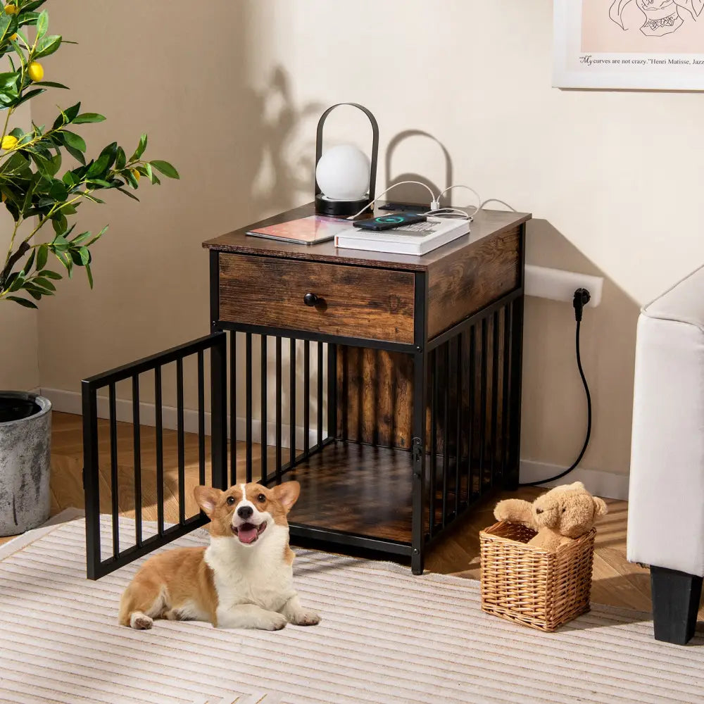 Dog Crate Furniture for Small Dogs Wooden Puppy Kennel with Charging Station-Rustic Brown - Rustic Brown - Dog Kennels