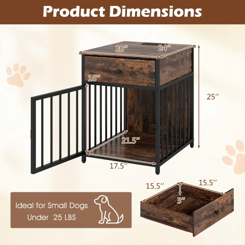 Dog Crate Furniture for Small Dogs Wooden Puppy Kennel with Charging Station-Rustic Brown - Rustic Brown - Dog Kennels