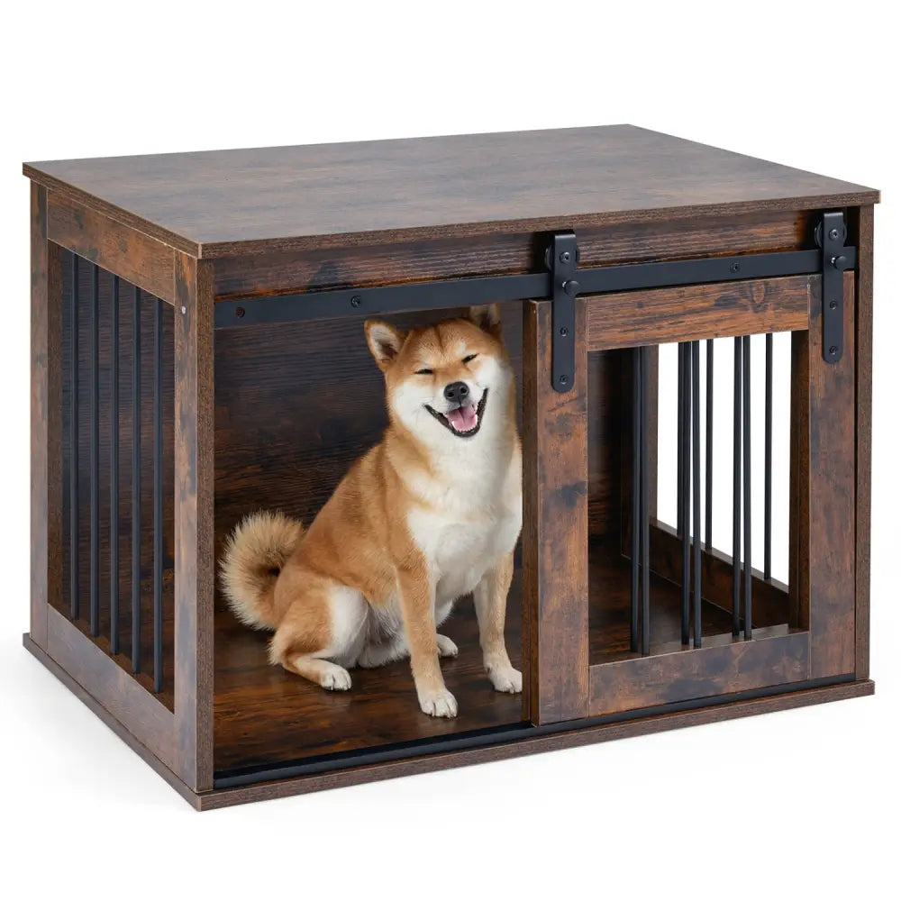 Dog Crate Furniture Heavy Duty Dog Kennel with Sliding Barn Door-RusticBrown - Rustic Brown - Dog Kennels