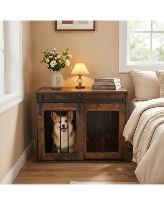 Dog Crate Furniture Heavy Duty Dog Kennel with Sliding Barn Door-RusticBrown - Rustic Brown - Dog Kennels