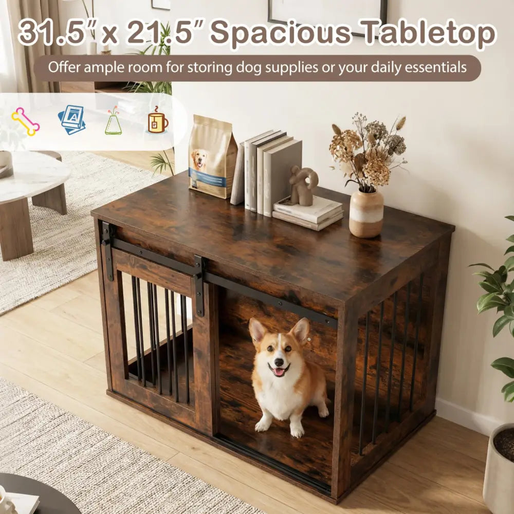 Dog Crate Furniture Heavy Duty Dog Kennel with Sliding Barn Door-RusticBrown - Rustic Brown - Dog Kennels