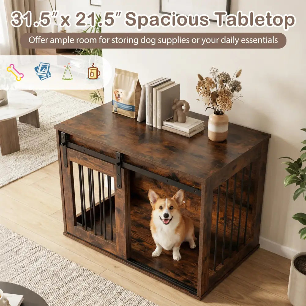 Dog Crate Furniture Heavy Duty Dog Kennel with Sliding Barn Door-RusticBrown - Rustic Brown - Dog Kennels