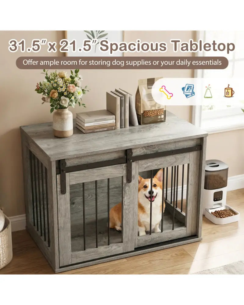 Dog Crate Furniture Heavy Duty Dog Kennel with Sliding Barn Door-Gray - Gray - Dog Kennels
