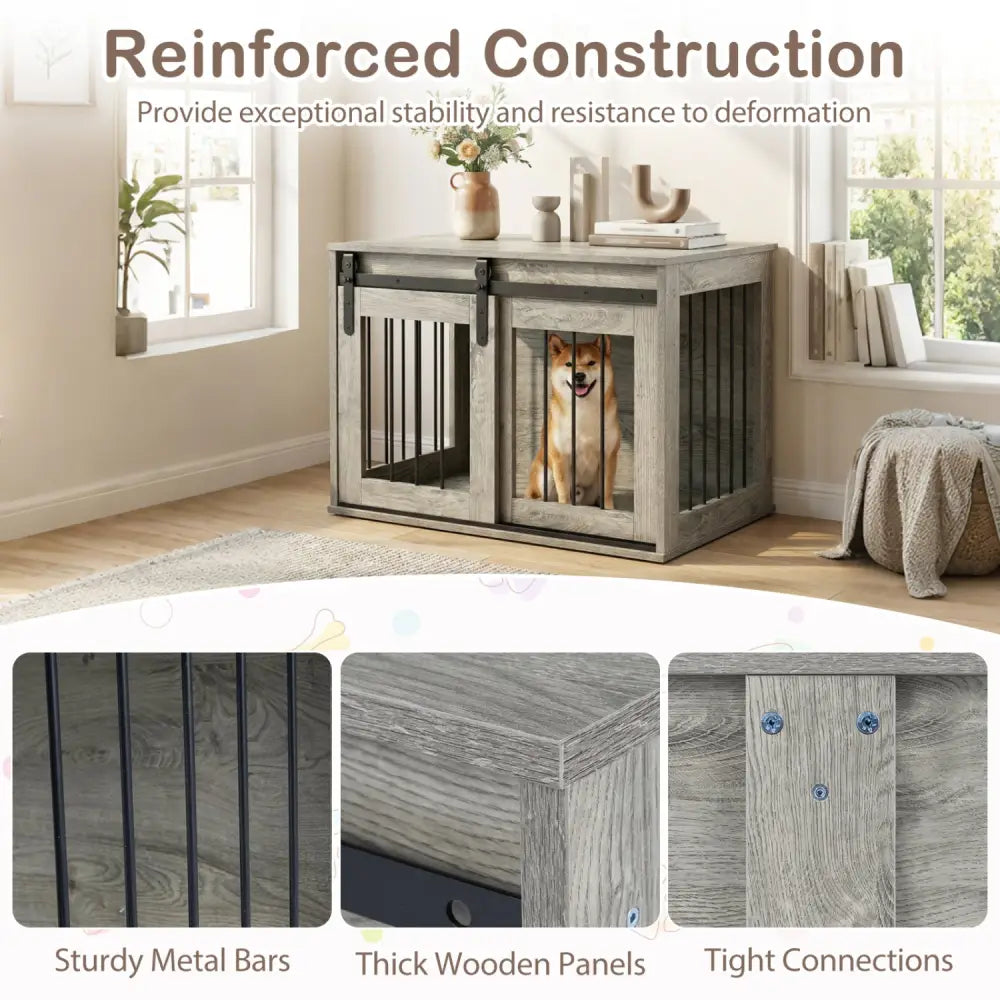 Dog Crate Furniture Heavy Duty Dog Kennel with Sliding Barn Door-Gray - Gray - Dog Kennels