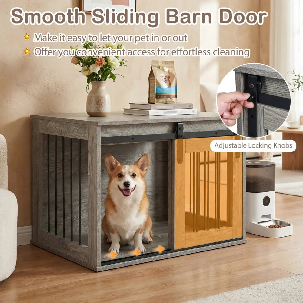Dog Crate Furniture Heavy Duty Dog Kennel with Sliding Barn Door-Gray - Gray - Dog Kennels