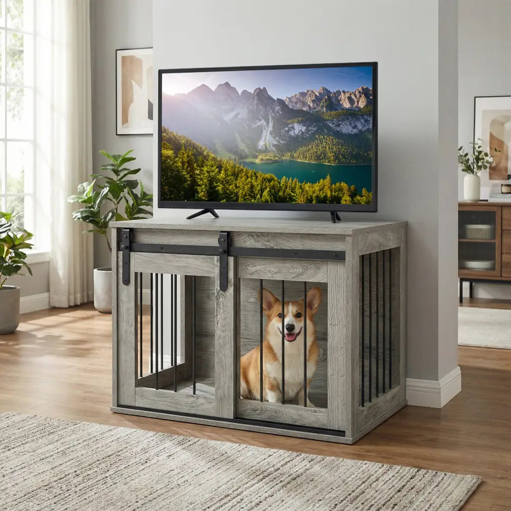 Dog Crate Furniture Heavy Duty Dog Kennel with Sliding Barn Door-Gray - Gray - Dog Kennels