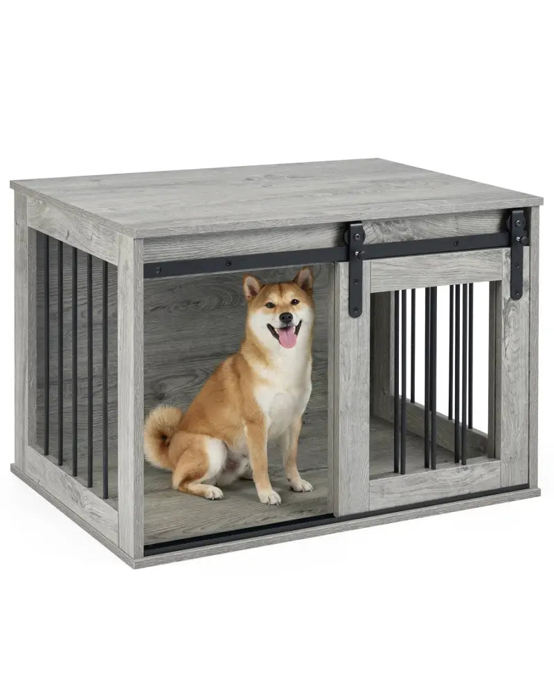 Dog Crate Furniture Heavy Duty Dog Kennel with Sliding Barn Door-Gray - Gray - Dog Kennels