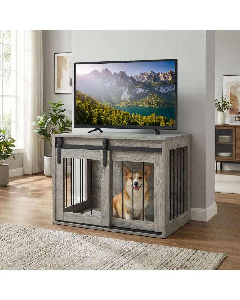 Dog Crate Furniture Heavy Duty Dog Kennel with Sliding Barn Door-Gray - Gray - Dog Kennels