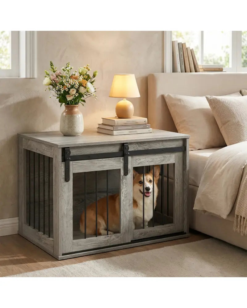 Dog Crate Furniture Heavy Duty Dog Kennel with Sliding Barn Door-Gray - Gray - Dog Kennels