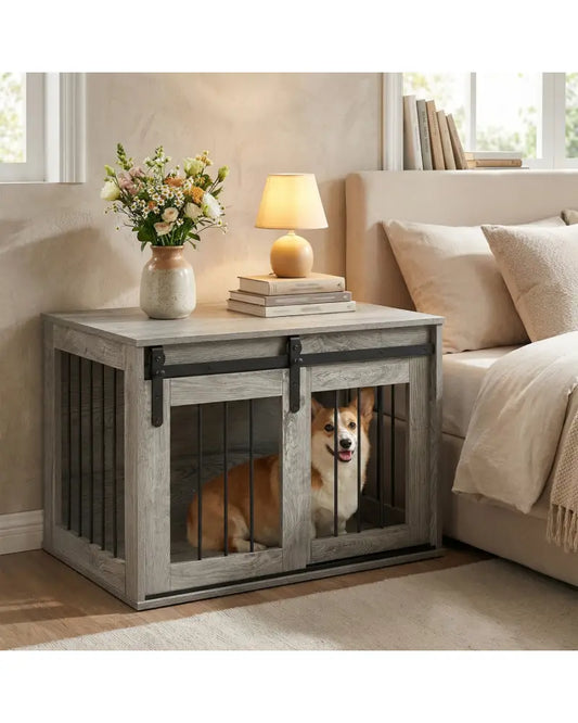 Dog Crate Furniture Heavy Duty Dog Kennel with Sliding Barn Door-Gray - Gray - Dog Kennels