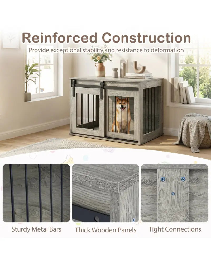 Dog Crate Furniture Heavy Duty Dog Kennel with Sliding Barn Door-Gray - Gray - Dog Kennels