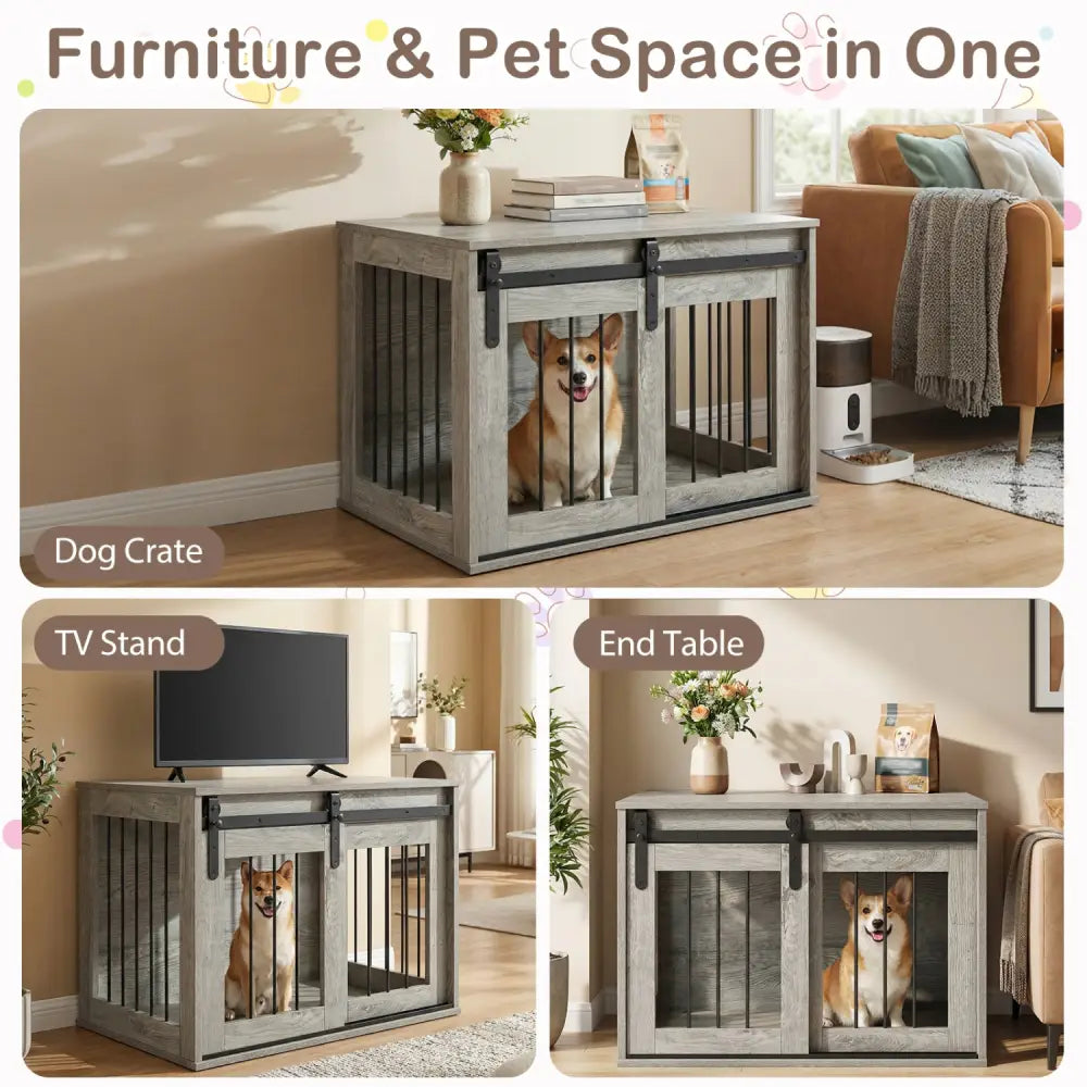 Dog Crate Furniture Heavy Duty Dog Kennel with Sliding Barn Door-Gray - Gray - Dog Kennels