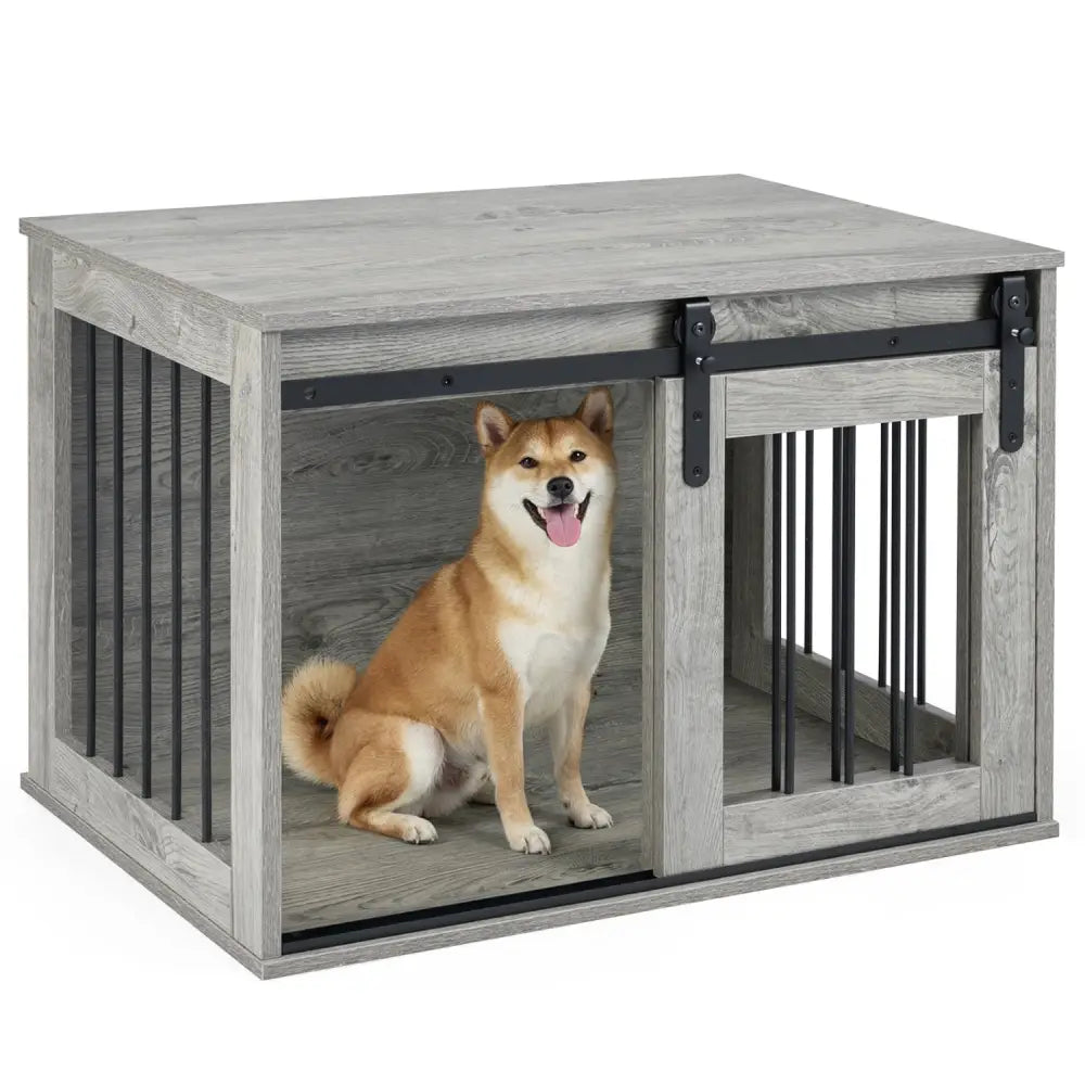 Dog Crate Furniture Heavy Duty Dog Kennel with Sliding Barn Door-Gray - Gray - Dog Kennels