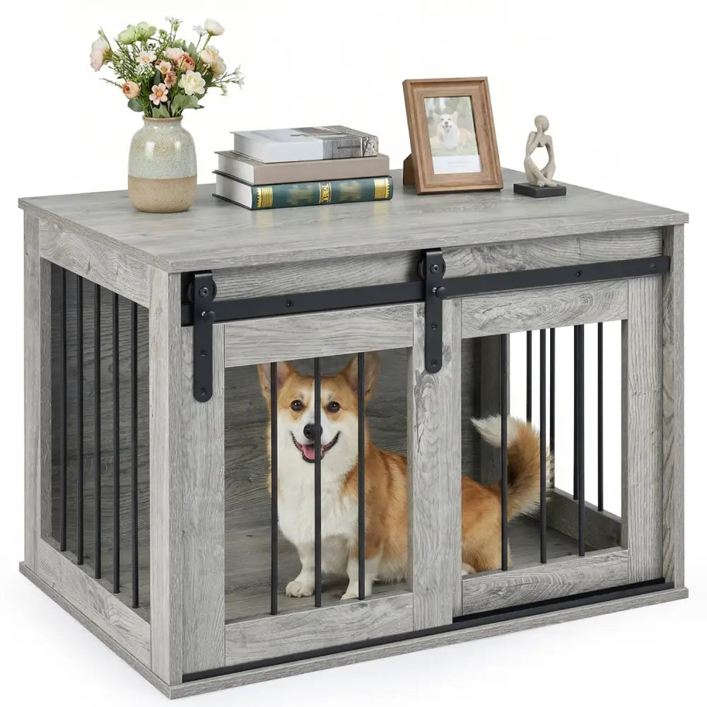 Dog Crate Furniture Heavy Duty Dog Kennel with Sliding Barn Door-Gray - Gray - Dog Kennels