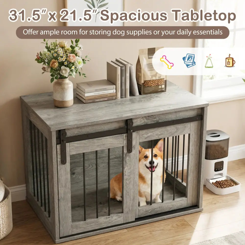 Dog Crate Furniture Heavy Duty Dog Kennel with Sliding Barn Door-Gray - Gray - Dog Kennels