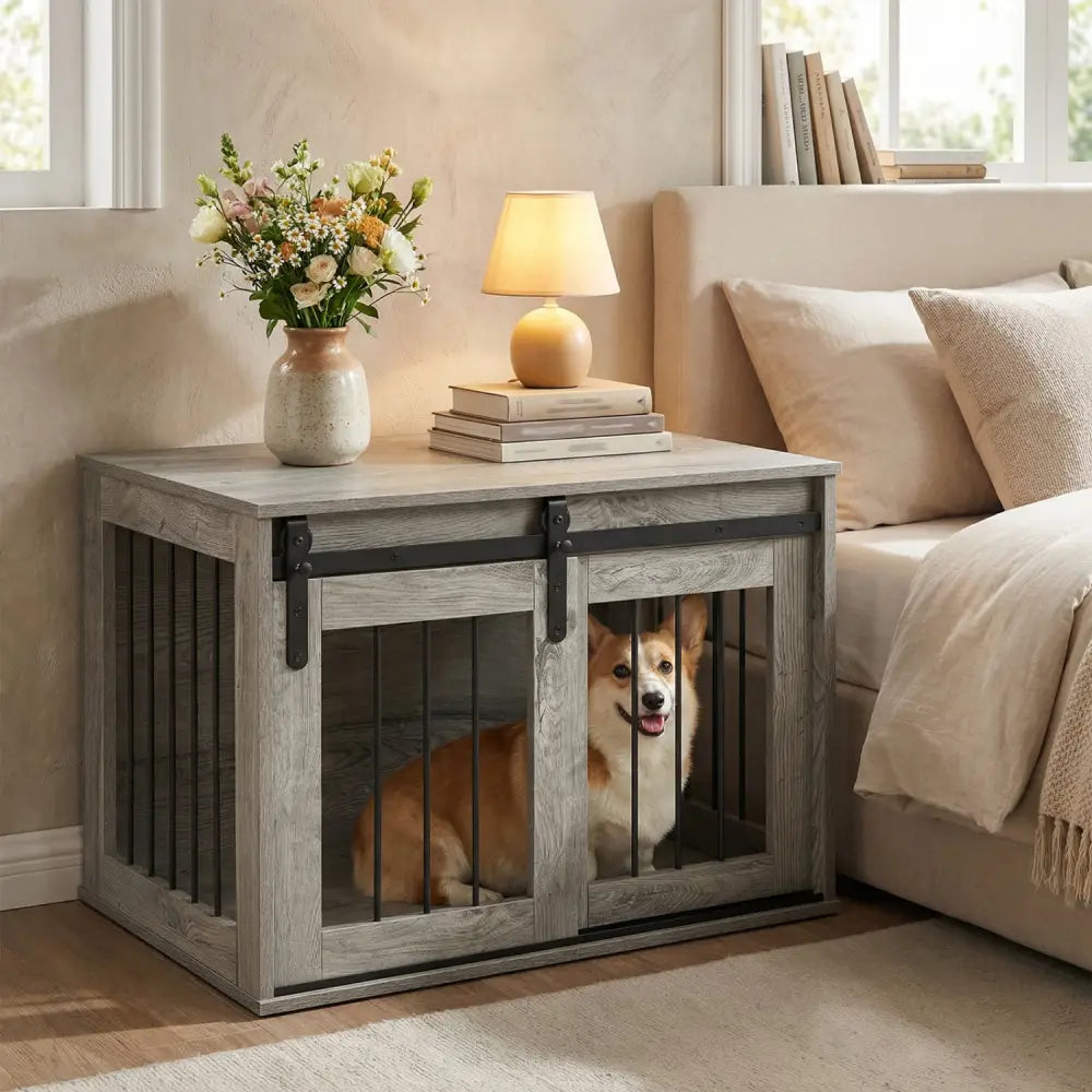 Dog Crate Furniture Heavy Duty Dog Kennel with Sliding Barn Door-Gray - Gray - Dog Kennels