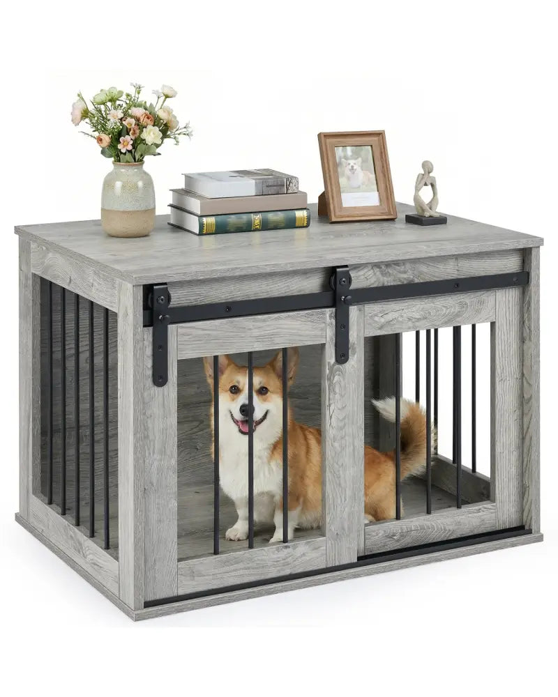Dog Crate Furniture Heavy Duty Dog Kennel with Sliding Barn Door-Gray - Gray - Dog Kennels