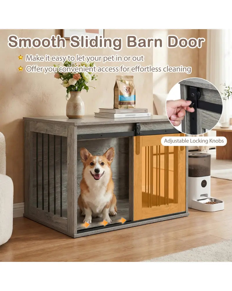 Dog Crate Furniture Heavy Duty Dog Kennel with Sliding Barn Door-Gray - Gray - Dog Kennels