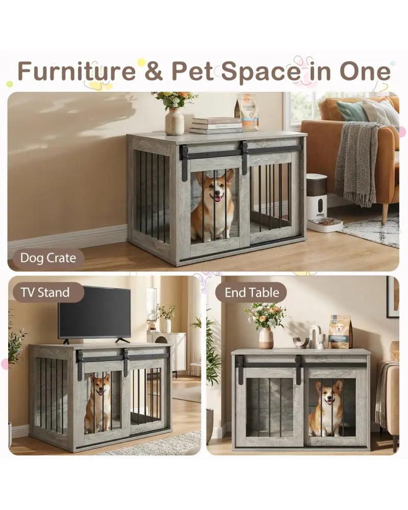 Dog Crate Furniture Heavy Duty Dog Kennel with Sliding Barn Door-Gray - Gray - Dog Kennels
