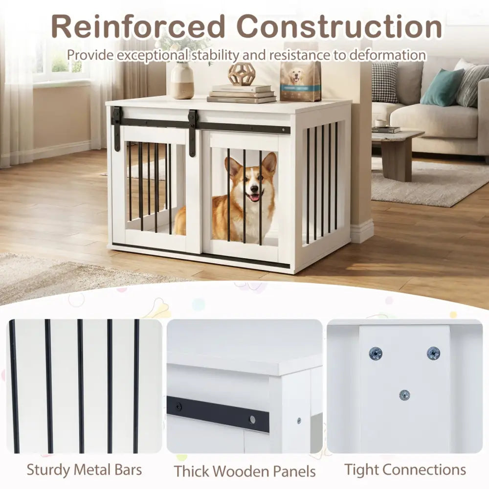 Dog Crate Furniture Heavy Duty Dog Kennel with Sliding Barn Door-White - White - Dog Kennels