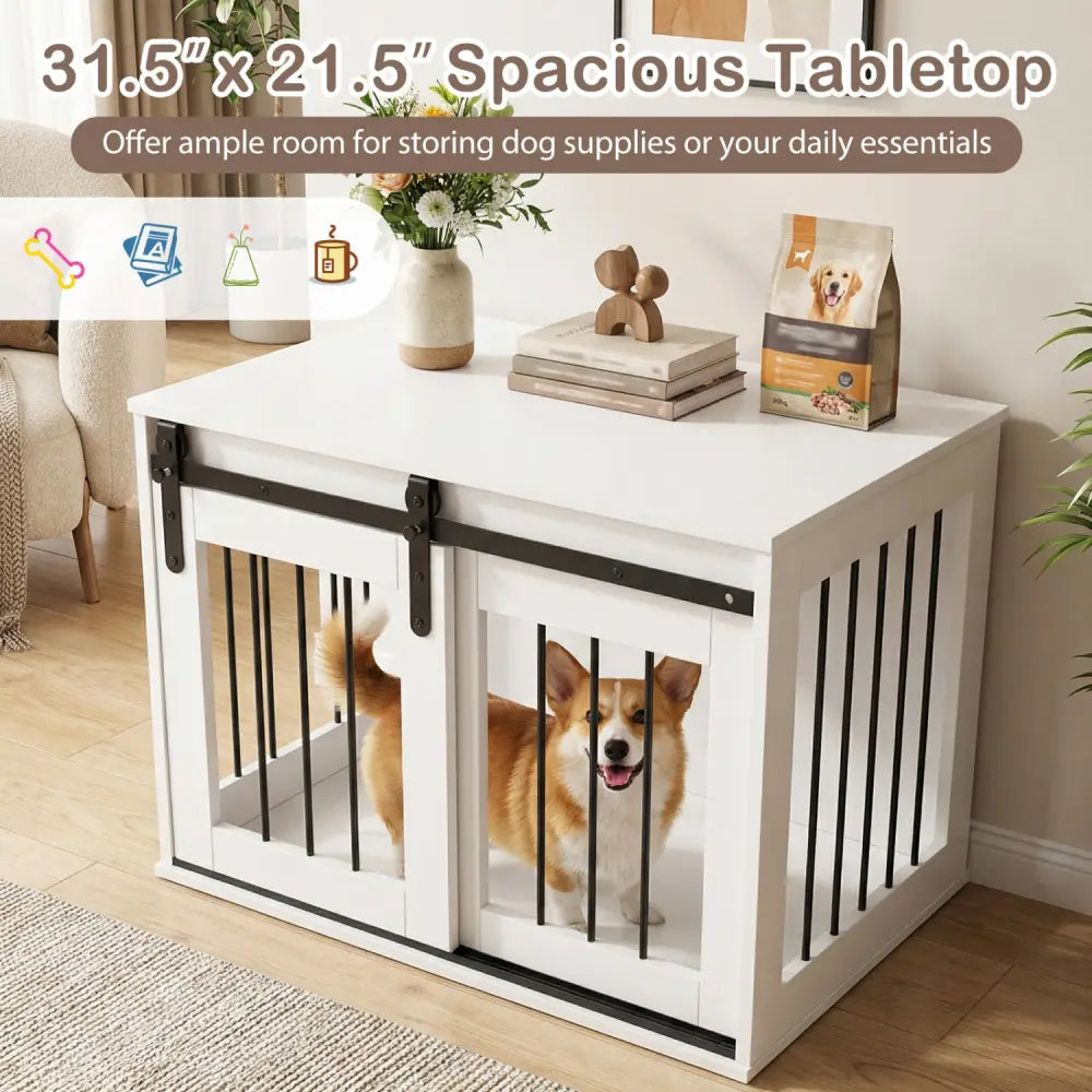 Dog Crate Furniture Heavy Duty Dog Kennel with Sliding Barn Door-White - White - Dog Kennels
