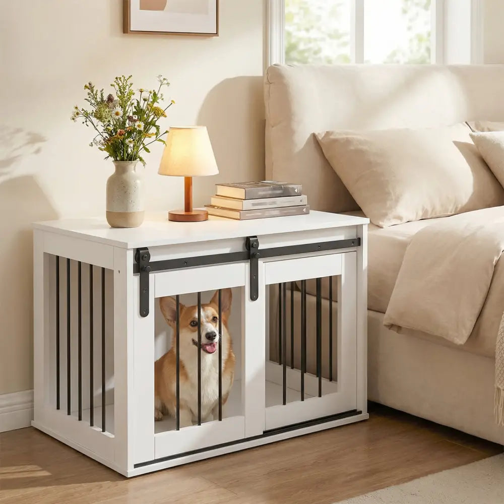 Dog Crate Furniture Heavy Duty Dog Kennel with Sliding Barn Door-White - White - Dog Kennels