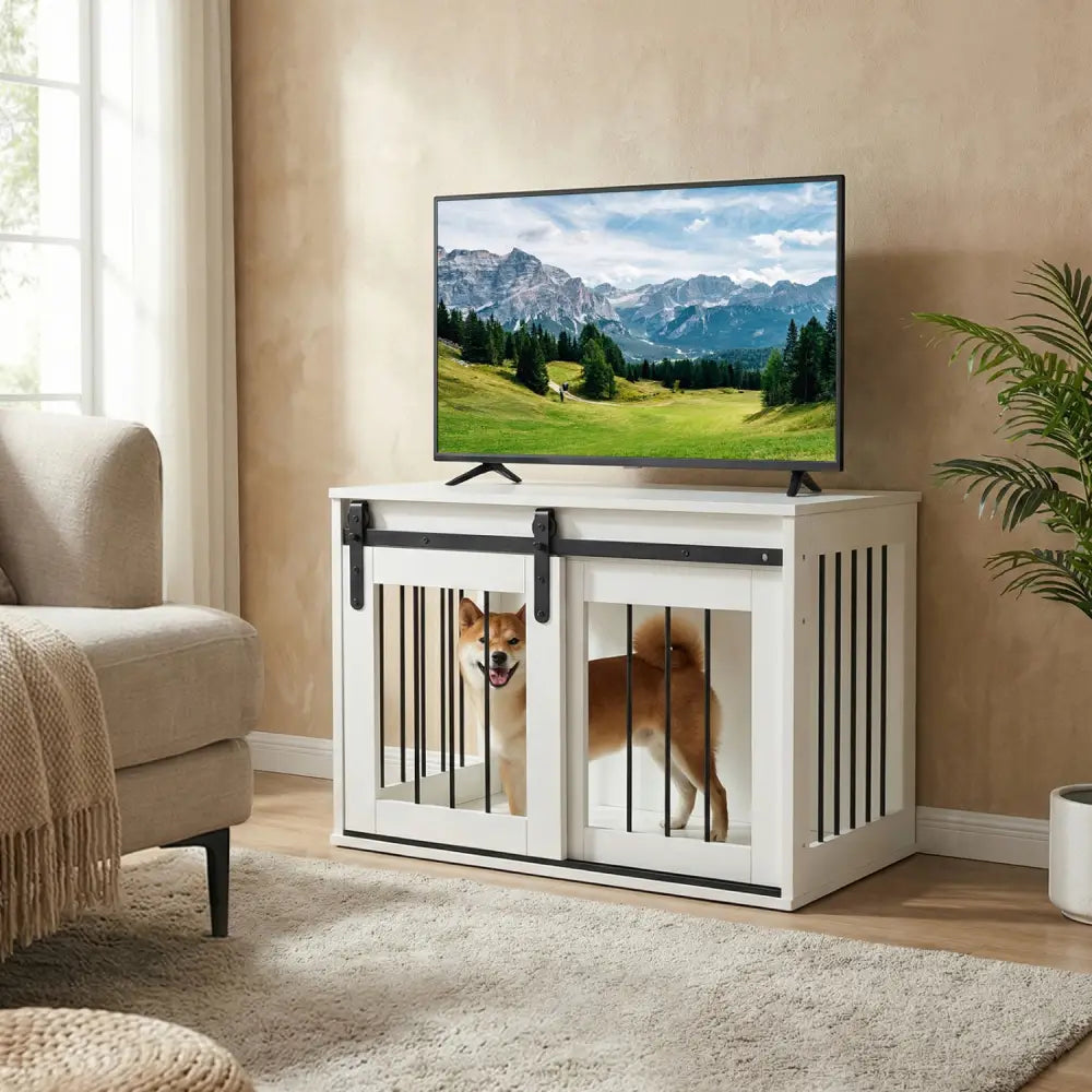 Dog Crate Furniture Heavy Duty Dog Kennel with Sliding Barn Door-White - White - Dog Kennels