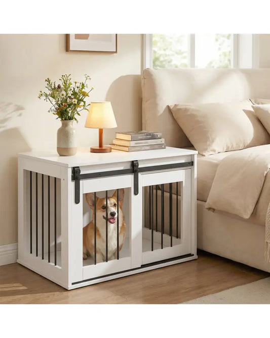 Dog Crate Furniture Heavy Duty Dog Kennel with Sliding Barn Door-White - White - Dog Kennels