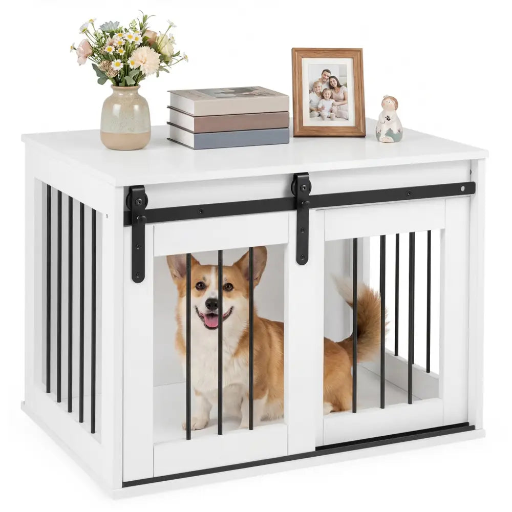 Dog Crate Furniture Heavy Duty Dog Kennel with Sliding Barn Door-White - White - Dog Kennels