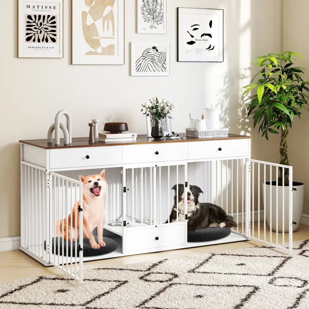 Dog Crate Furniture Indoor Modern Dog Kennel with Divider 3 Drawers and Pull-out Feeder-White - White - Dog Kennels
