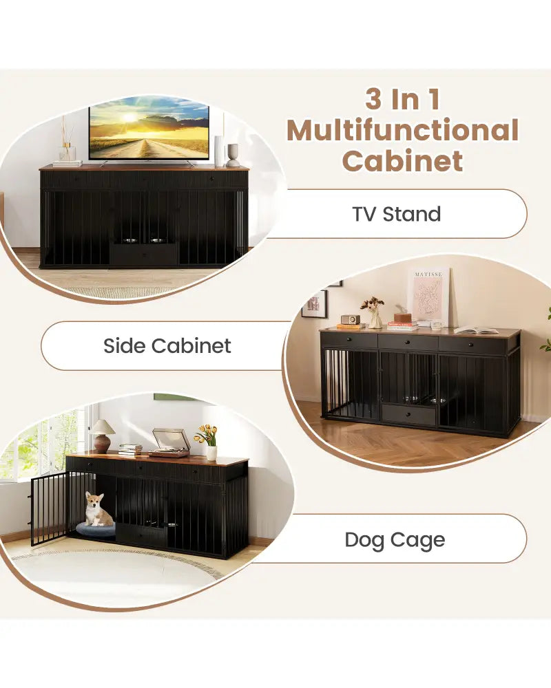Dog Crate Furniture Indoor Modern Dog Kennel with Divider 3 Drawers and Pull-out Feeder-Black - Black - Dog Kennels