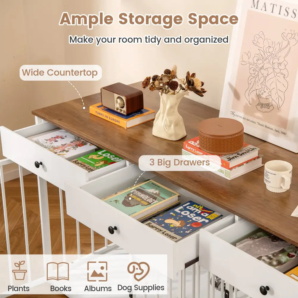 Dog Crate Furniture Indoor Modern Dog Kennel with Divider 3 Drawers and Pull-out Feeder-White - White - Dog Kennels