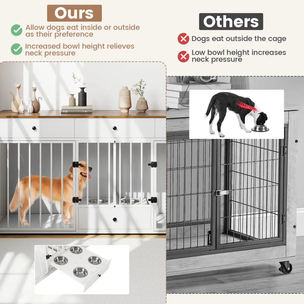 Dog Crate Furniture Indoor Modern Dog Kennel with Divider 3 Drawers and Pull-out Feeder-White - White - Dog Kennels