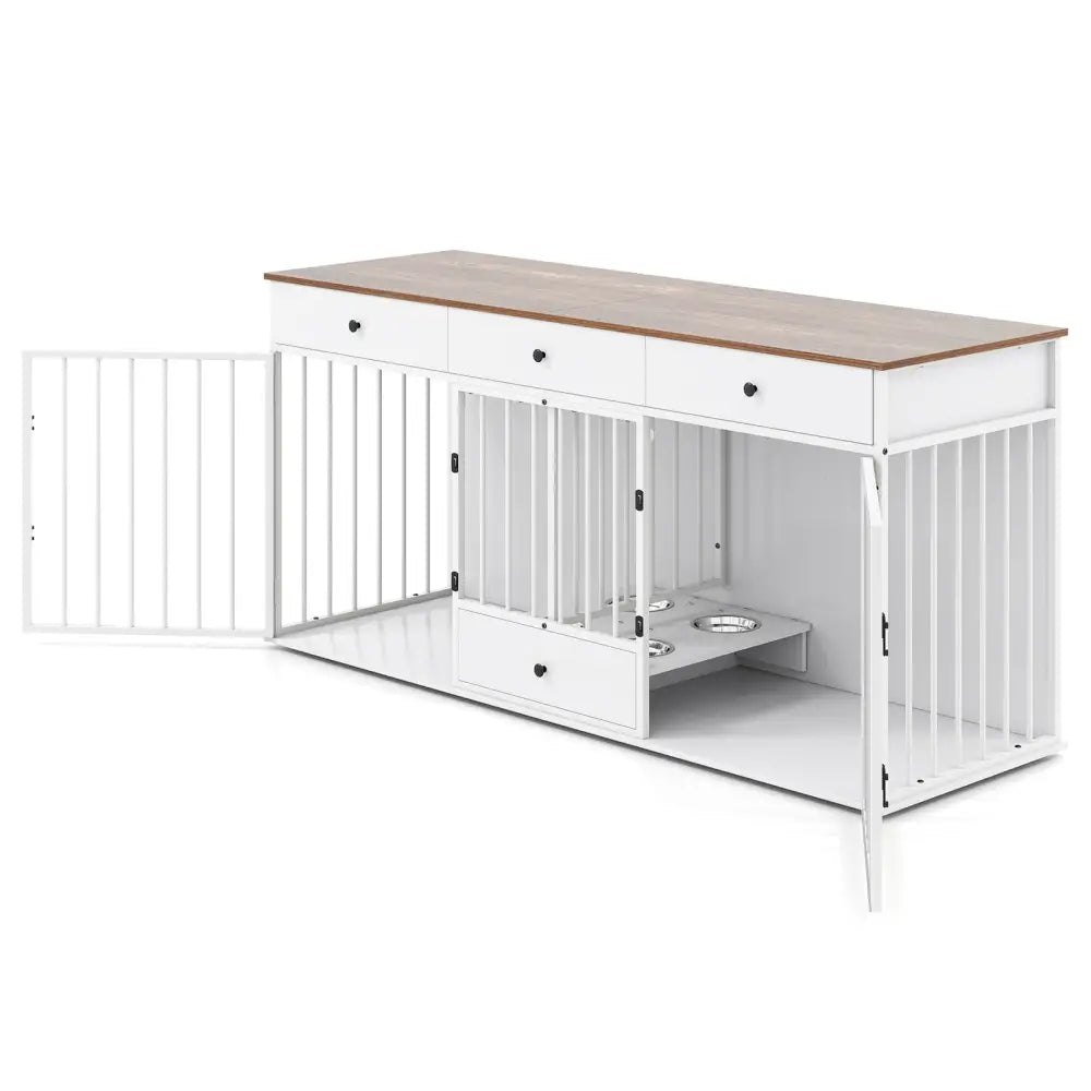 Dog Crate Furniture Indoor Modern Dog Kennel with Divider 3 Drawers and Pull-out Feeder-White - White - Dog Kennels