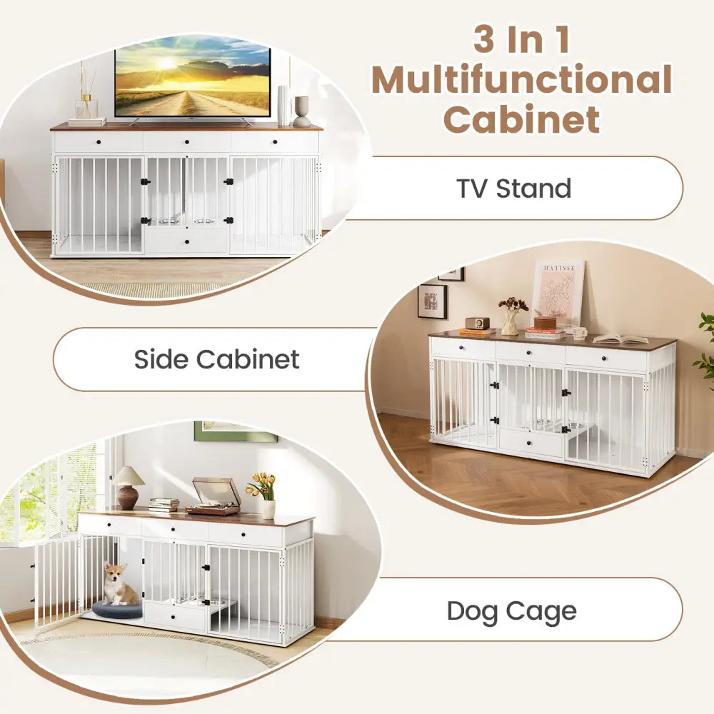 Dog Crate Furniture Indoor Modern Dog Kennel with Divider 3 Drawers and Pull-out Feeder-White - White - Dog Kennels