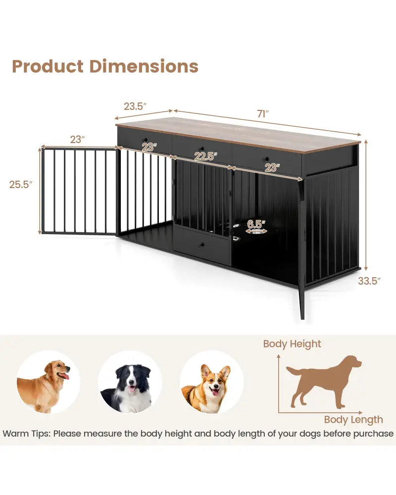 Dog Crate Furniture Indoor Modern Dog Kennel with Divider 3 Drawers and Pull-out Feeder-Black - Black - Dog Kennels