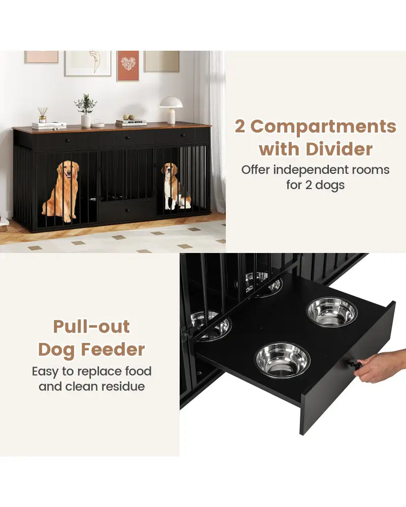 Dog Crate Furniture Indoor Modern Dog Kennel with Divider 3 Drawers and Pull-out Feeder-Black - Black - Dog Kennels