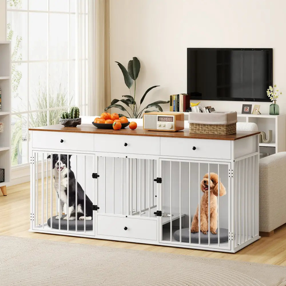 Dog Crate Furniture Indoor Modern Dog Kennel with Divider 3 Drawers and Pull-out Feeder-White - White - Dog Kennels