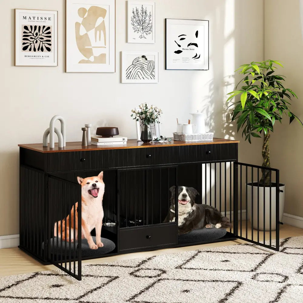 Dog Crate Furniture Indoor Modern Dog Kennel with Divider 3 Drawers and Pull-out Feeder-Black - Black - Dog Kennels