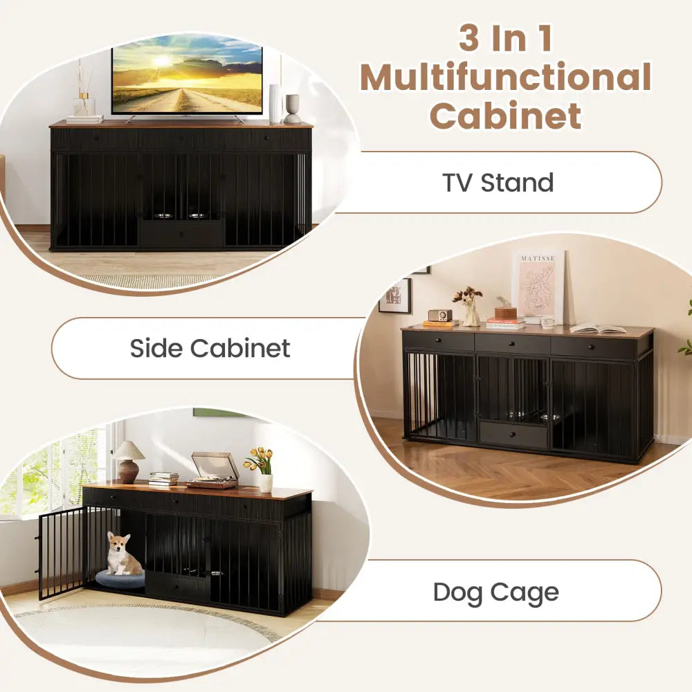 Dog Crate Furniture Indoor Modern Dog Kennel with Divider 3 Drawers and Pull-out Feeder-Black - Black - Dog Kennels