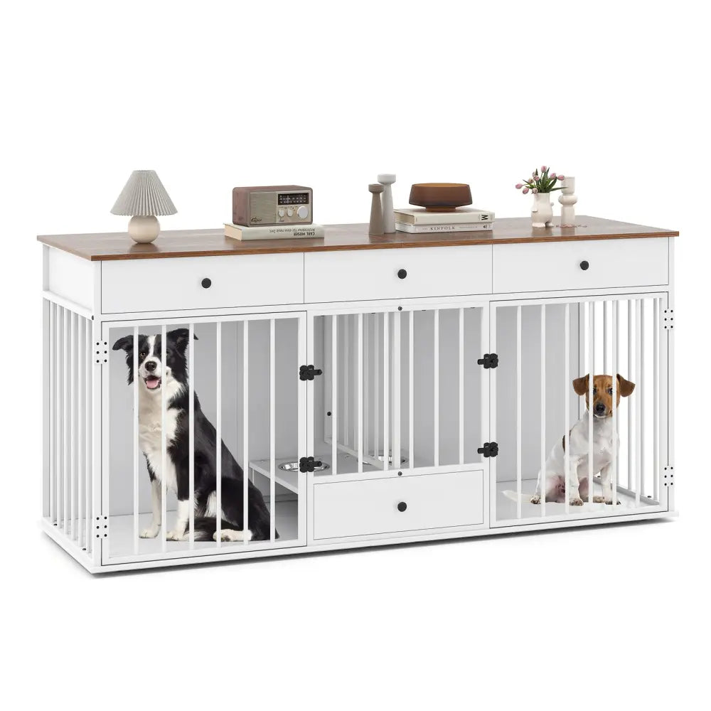 Dog Crate Furniture Indoor Modern Dog Kennel with Divider 3 Drawers and Pull-out Feeder-White - White - Dog Kennels