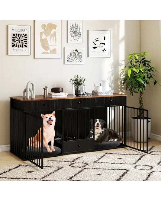 Dog Crate Furniture Indoor Modern Dog Kennel with Divider 3 Drawers and Pull-out Feeder-Black - Black - Dog Kennels