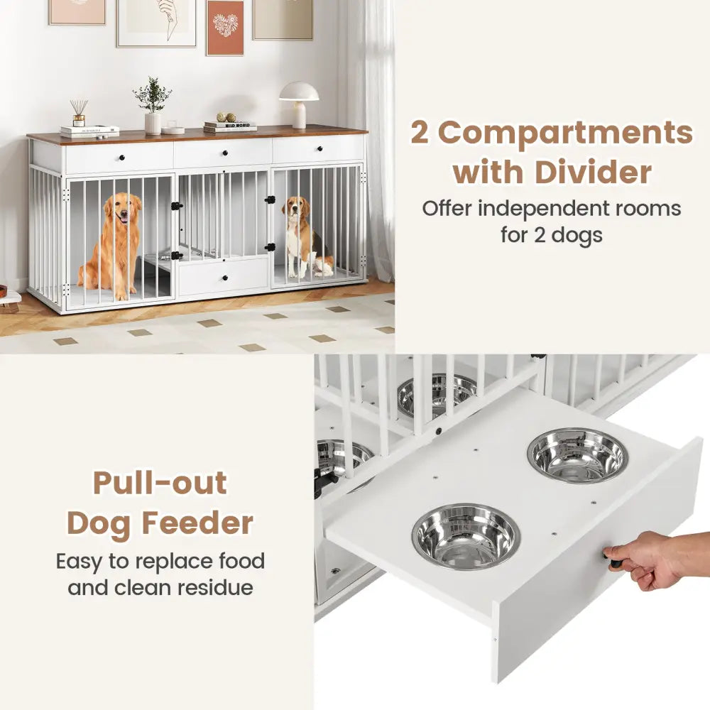 Dog Crate Furniture Indoor Modern Dog Kennel with Divider 3 Drawers and Pull-out Feeder-White - White - Dog Kennels