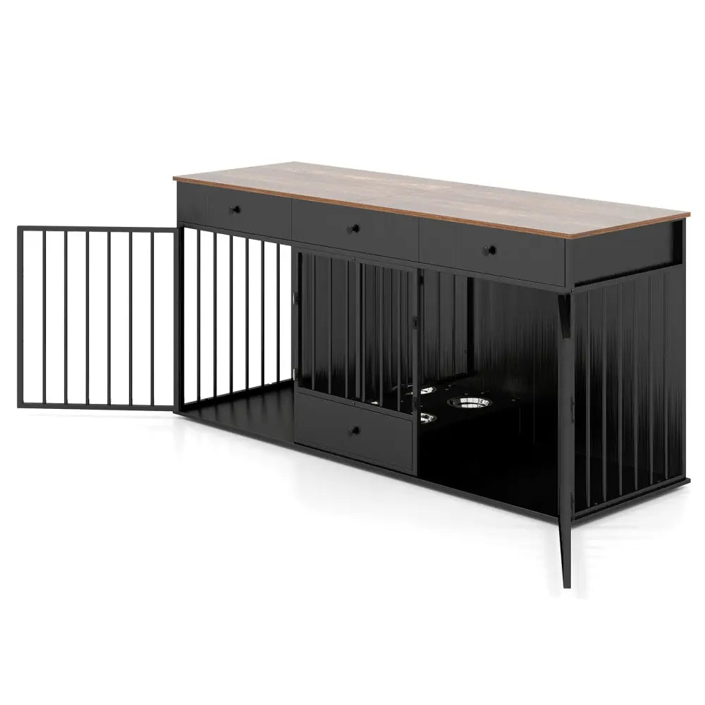 Dog Crate Furniture Indoor Modern Dog Kennel with Divider 3 Drawers and Pull-out Feeder-Black - Black - Dog Kennels